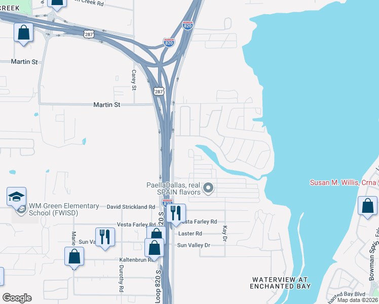 map of restaurants, bars, coffee shops, grocery stores, and more near 5125 East Loop 820 South in Fort Worth