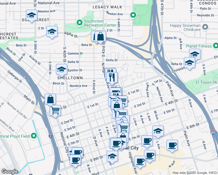map of restaurants, bars, coffee shops, grocery stores, and more near 4274 Division Street in San Diego