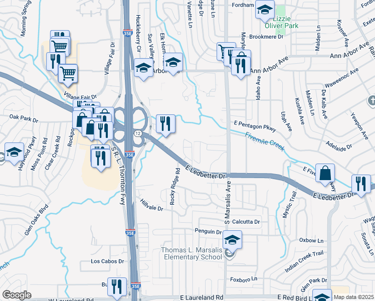 map of restaurants, bars, coffee shops, grocery stores, and more near 4972 Brigadoon Lane in Dallas