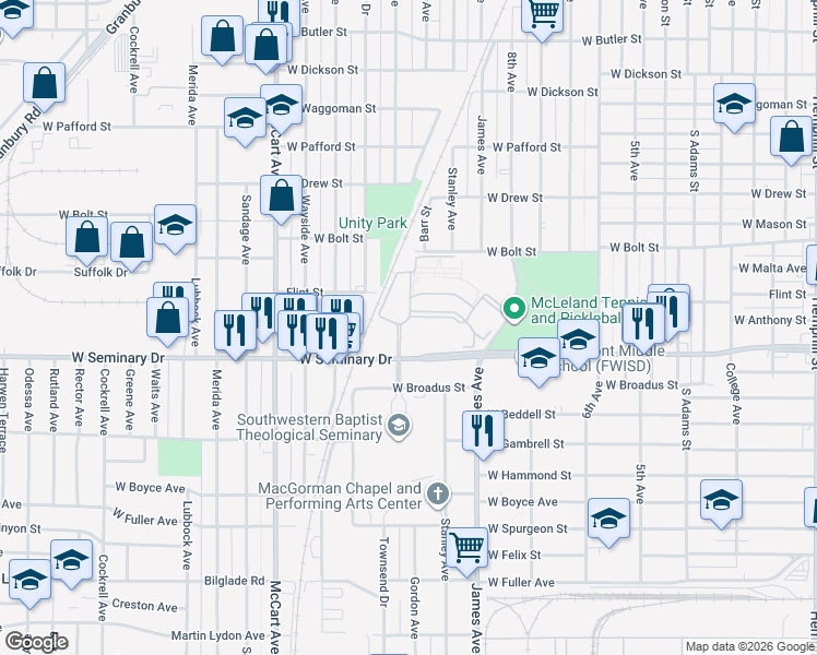 map of restaurants, bars, coffee shops, grocery stores, and more near in Fort Worth