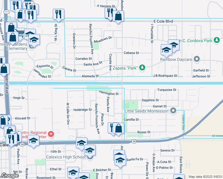 map of restaurants, bars, coffee shops, grocery stores, and more near 1300 Jean Robinson Court in Calexico