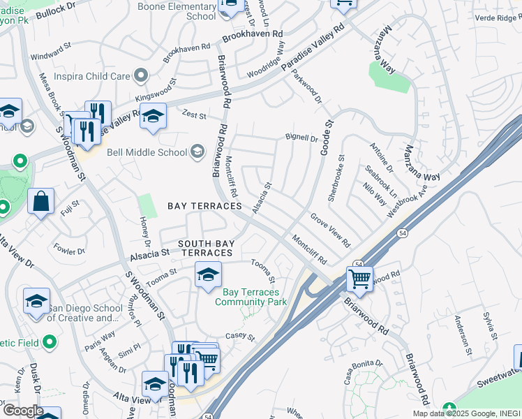 map of restaurants, bars, coffee shops, grocery stores, and more near 7335 Alsacia Street in San Diego