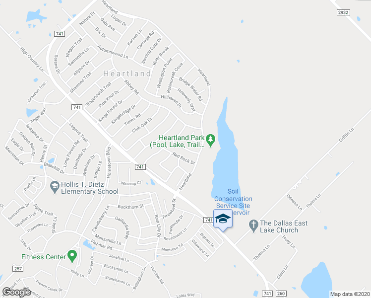 map of restaurants, bars, coffee shops, grocery stores, and more near 4010 Rolling Rock Road in Forney