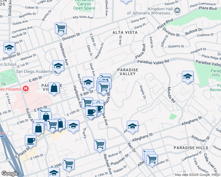map of restaurants, bars, coffee shops, grocery stores, and more near 3414 East Plaza Boulevard in National City