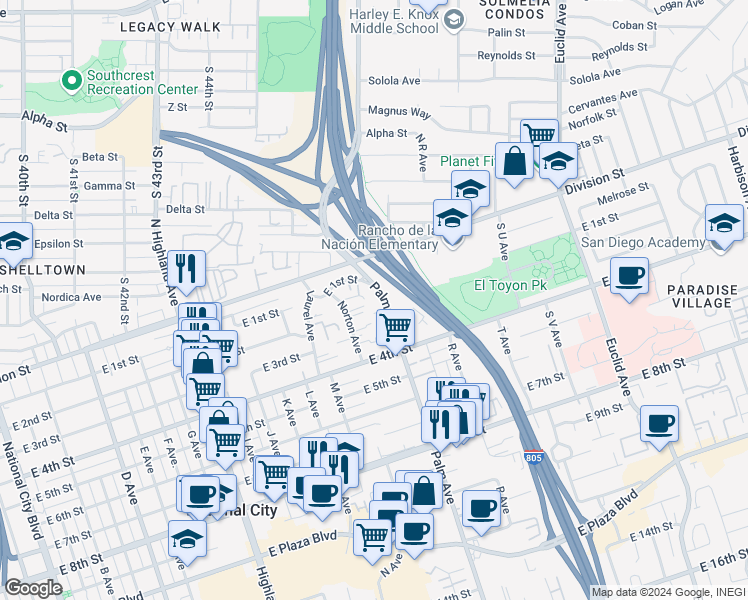 map of restaurants, bars, coffee shops, grocery stores, and more near Palm Avenue in National City