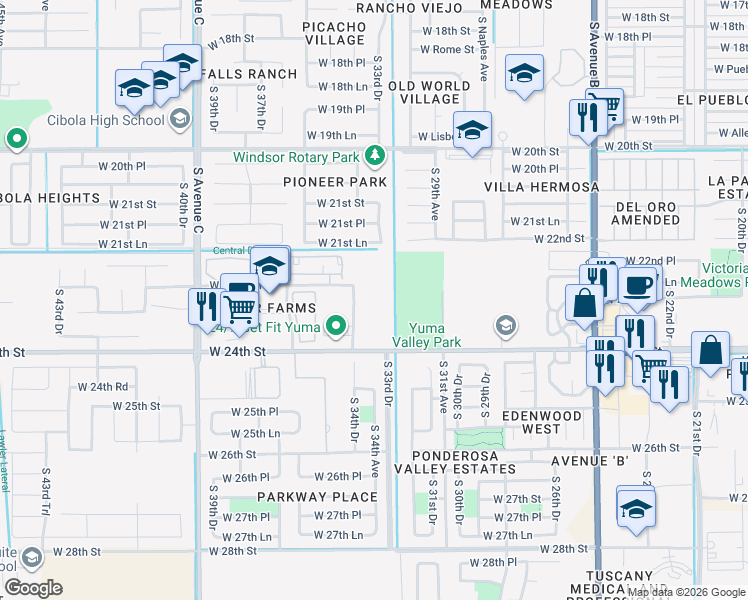 map of restaurants, bars, coffee shops, grocery stores, and more near 2317 South 34th Drive in Yuma