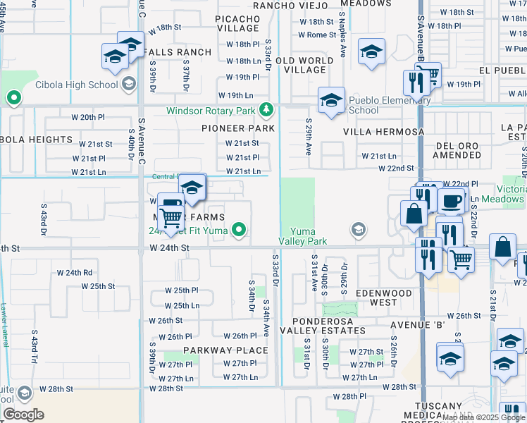 map of restaurants, bars, coffee shops, grocery stores, and more near 2317 South 34th Drive in Yuma