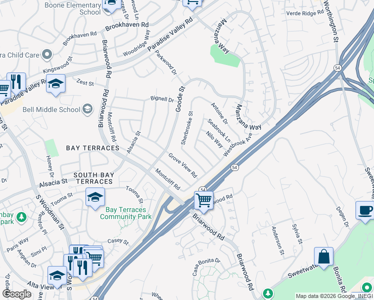 map of restaurants, bars, coffee shops, grocery stores, and more near 1798 Sherbrooke Street in San Diego