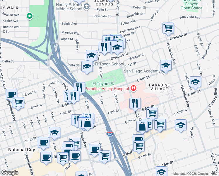 map of restaurants, bars, coffee shops, grocery stores, and more near in National City