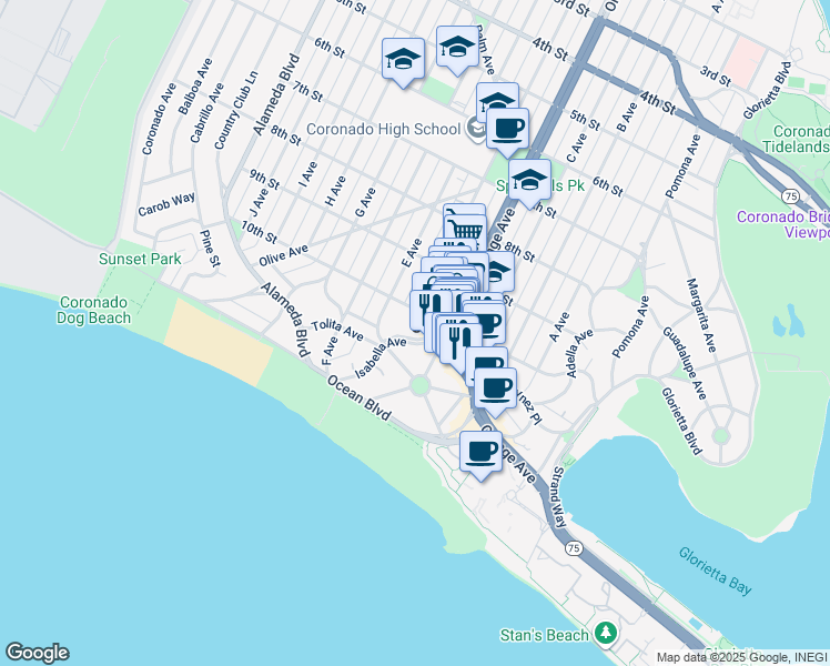 map of restaurants, bars, coffee shops, grocery stores, and more near 1021 Flora Avenue in Coronado