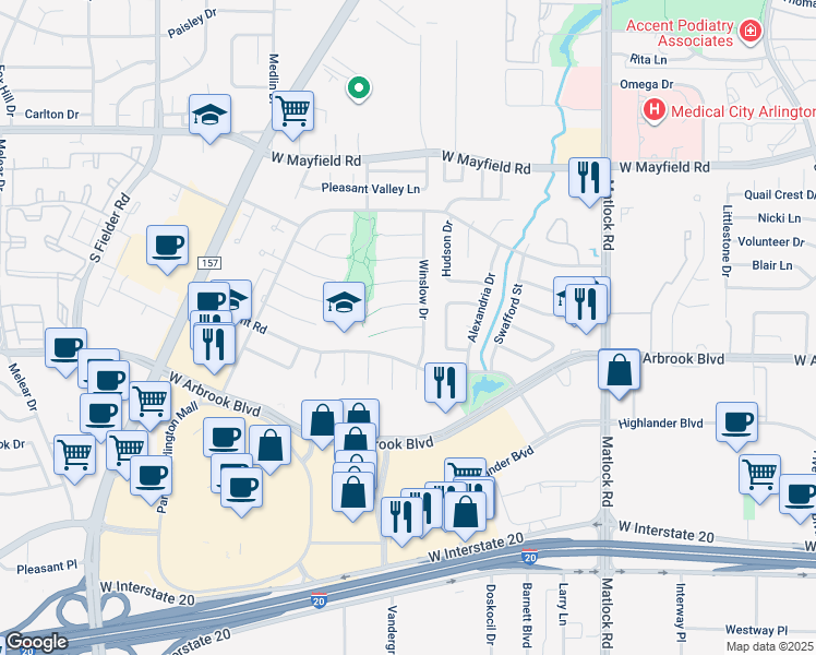map of restaurants, bars, coffee shops, grocery stores, and more near 3623 Winslow Drive in Arlington