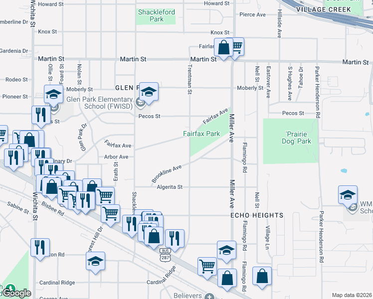 map of restaurants, bars, coffee shops, grocery stores, and more near 5066 Trentman Street in Fort Worth