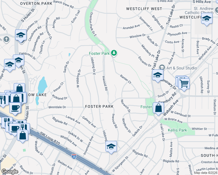 map of restaurants, bars, coffee shops, grocery stores, and more near 4205 Inwood Road in Fort Worth