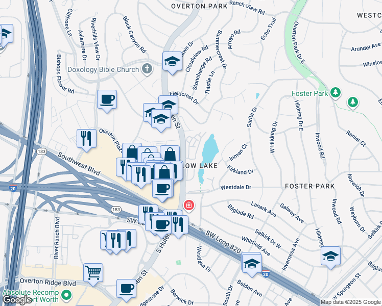 map of restaurants, bars, coffee shops, grocery stores, and more near 4201 Clear Lake Circle in Fort Worth