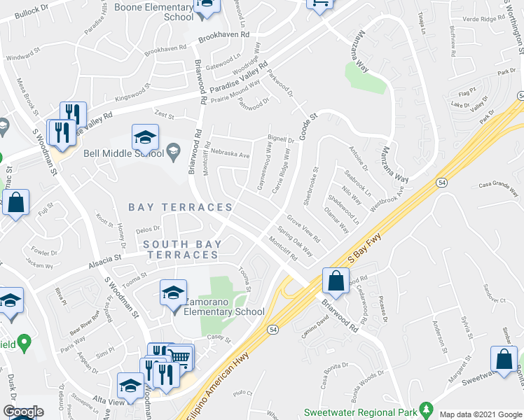 map of restaurants, bars, coffee shops, grocery stores, and more near 2333 Spring Oak Way in San Diego