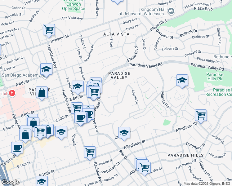 map of restaurants, bars, coffee shops, grocery stores, and more near 1135 Mary Lane in National City