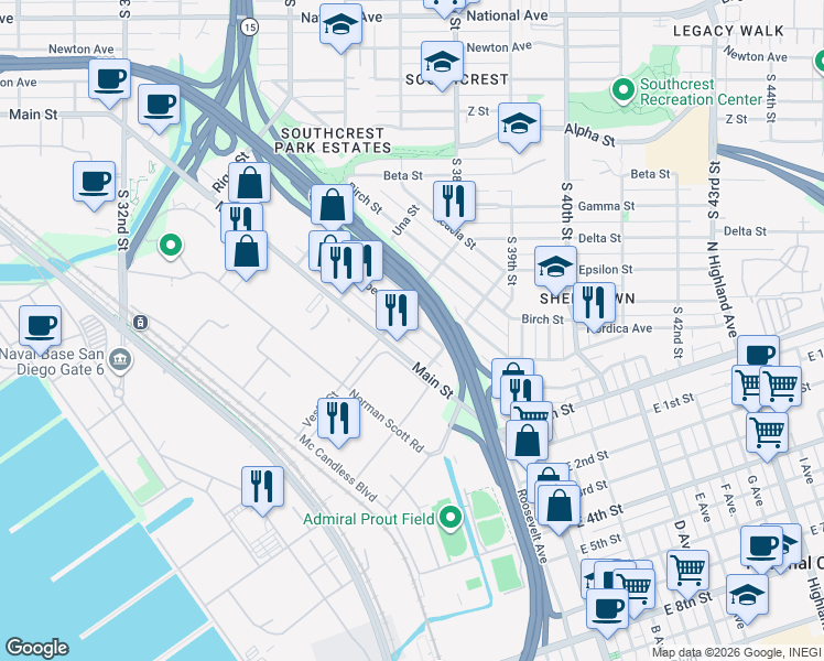 map of restaurants, bars, coffee shops, grocery stores, and more near 3735 Dalbergia Street in San Diego