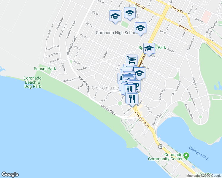 map of restaurants, bars, coffee shops, grocery stores, and more near 1068 Isabella Avenue in Coronado