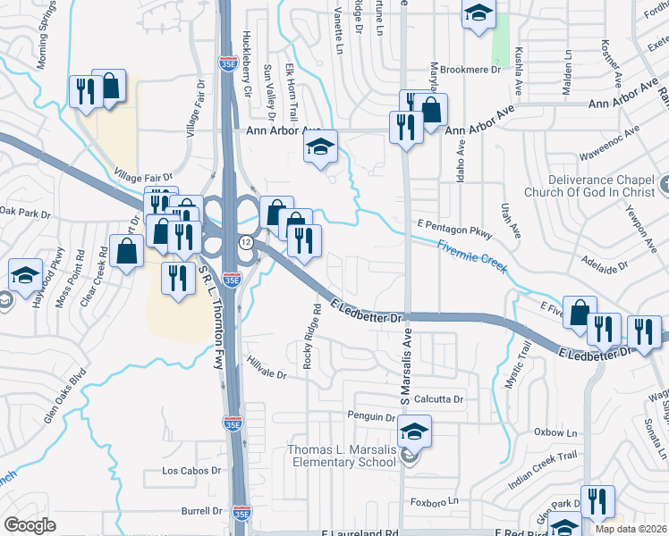 map of restaurants, bars, coffee shops, grocery stores, and more near 423 East Ledbetter Drive in Dallas