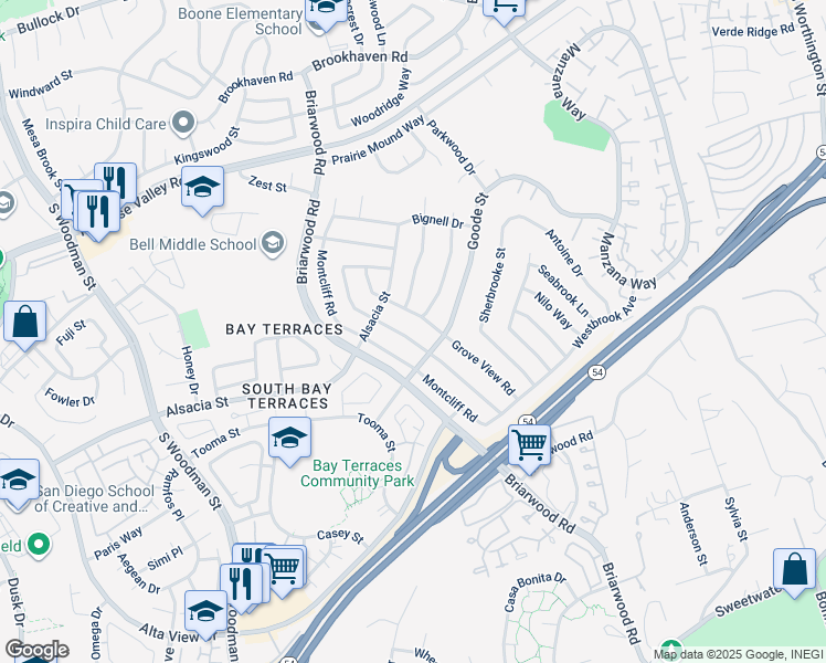 map of restaurants, bars, coffee shops, grocery stores, and more near 2333 Spring Oak Way in San Diego