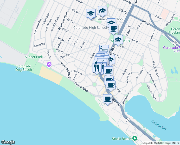 map of restaurants, bars, coffee shops, grocery stores, and more near 1048 Isabella Avenue in Coronado
