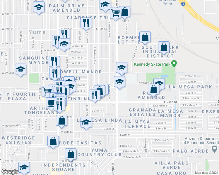 map of restaurants, bars, coffee shops, grocery stores, and more near 2301 South Walnut Avenue in Yuma