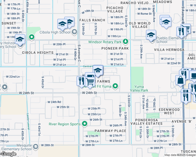 map of restaurants, bars, coffee shops, grocery stores, and more near 3777 West 22nd Lane in Yuma