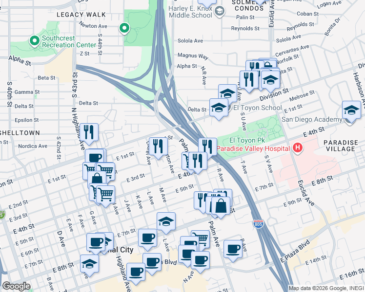 map of restaurants, bars, coffee shops, grocery stores, and more near 132 North Palm Avenue in National City