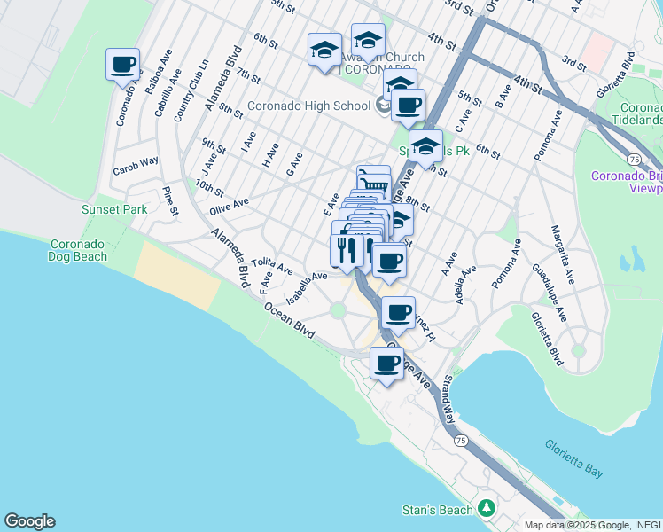 map of restaurants, bars, coffee shops, grocery stores, and more near 1034 Isabella Avenue in Coronado