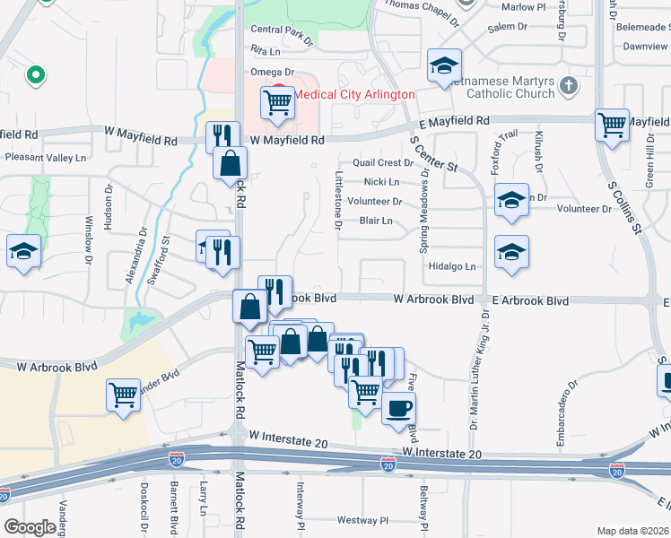 map of restaurants, bars, coffee shops, grocery stores, and more near 3614 Monterra Court in Arlington