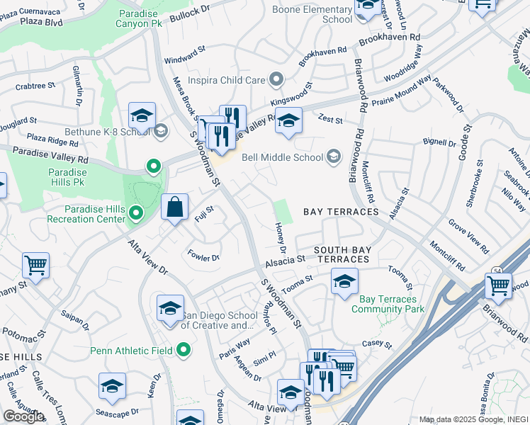 map of restaurants, bars, coffee shops, grocery stores, and more near 6951 Alcona Street in San Diego