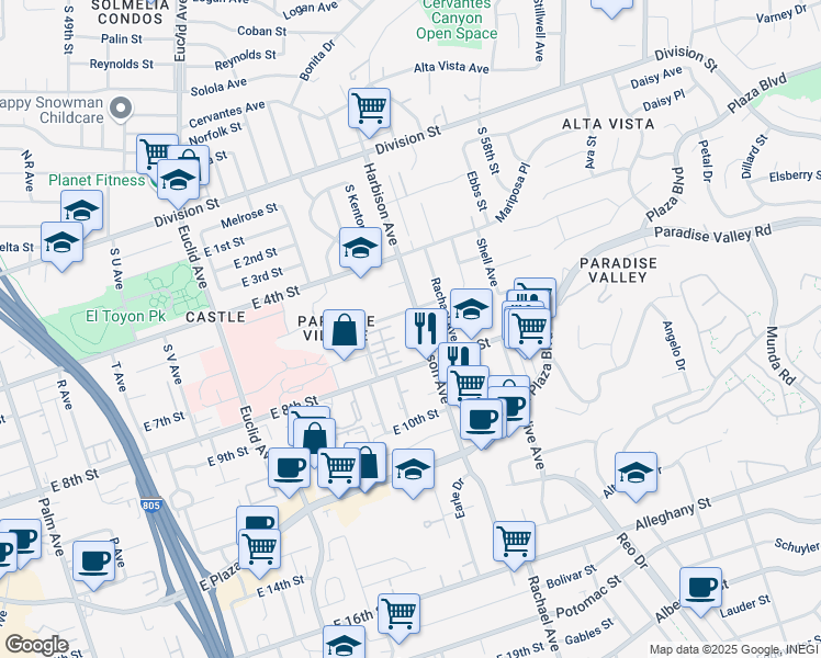 map of restaurants, bars, coffee shops, grocery stores, and more near 3025 East 6th Street in National City