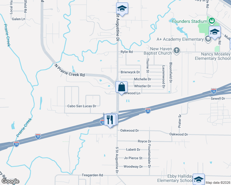 map of restaurants, bars, coffee shops, grocery stores, and more near 1503 South Saint Augustine Drive in Dallas