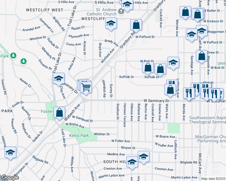 map of restaurants, bars, coffee shops, grocery stores, and more near 4201-4205 Stadium Drive in Fort Worth