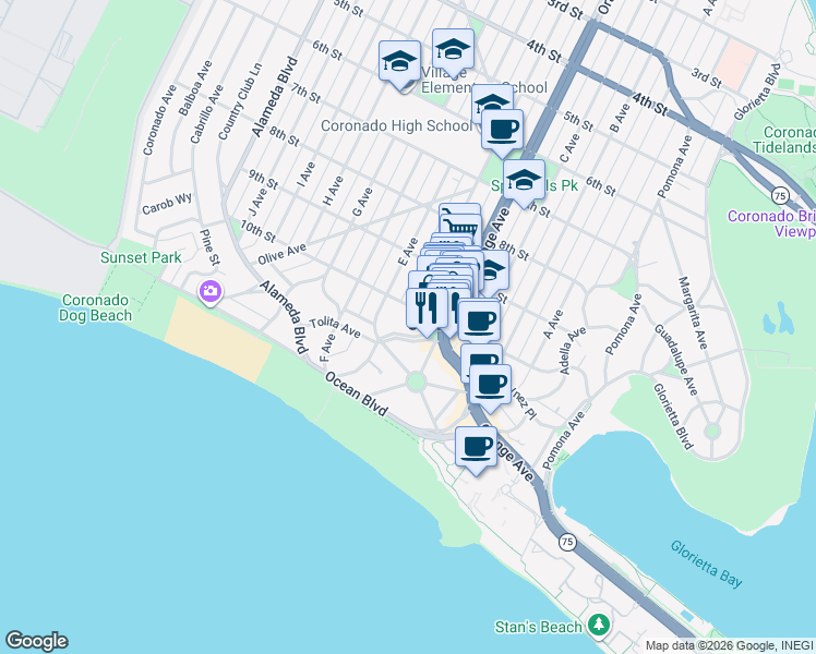 map of restaurants, bars, coffee shops, grocery stores, and more near 1034 Isabella Avenue in Coronado