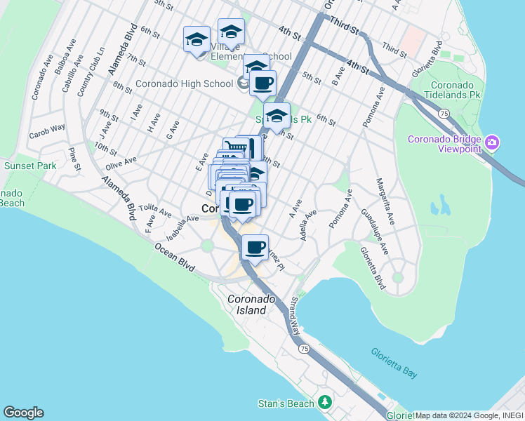 map of restaurants, bars, coffee shops, grocery stores, and more near 942 D Avenue in Coronado