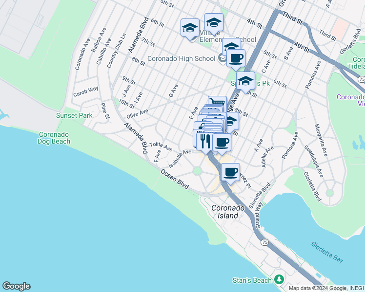 map of restaurants, bars, coffee shops, grocery stores, and more near 1068 Isabella Avenue in Coronado