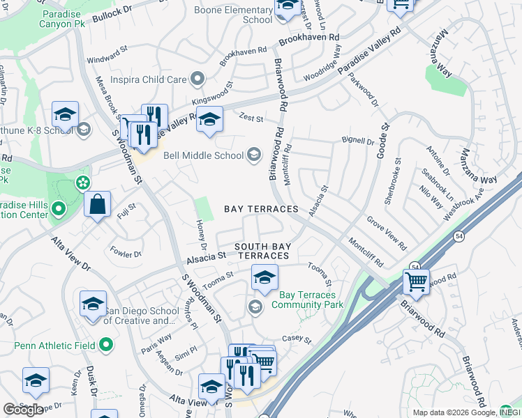map of restaurants, bars, coffee shops, grocery stores, and more near in San Diego