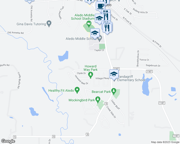 map of restaurants, bars, coffee shops, grocery stores, and more near 354 Howard Way Drive in Aledo