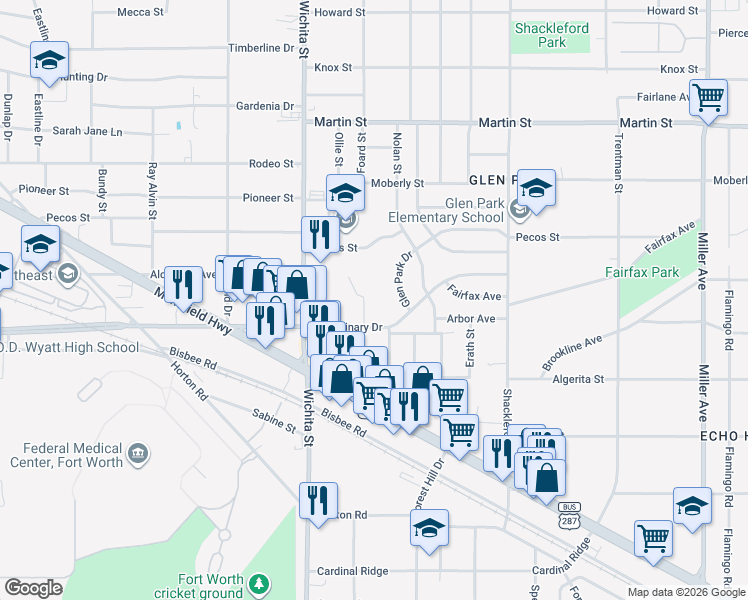 map of restaurants, bars, coffee shops, grocery stores, and more near 5117 Foard Street in Fort Worth