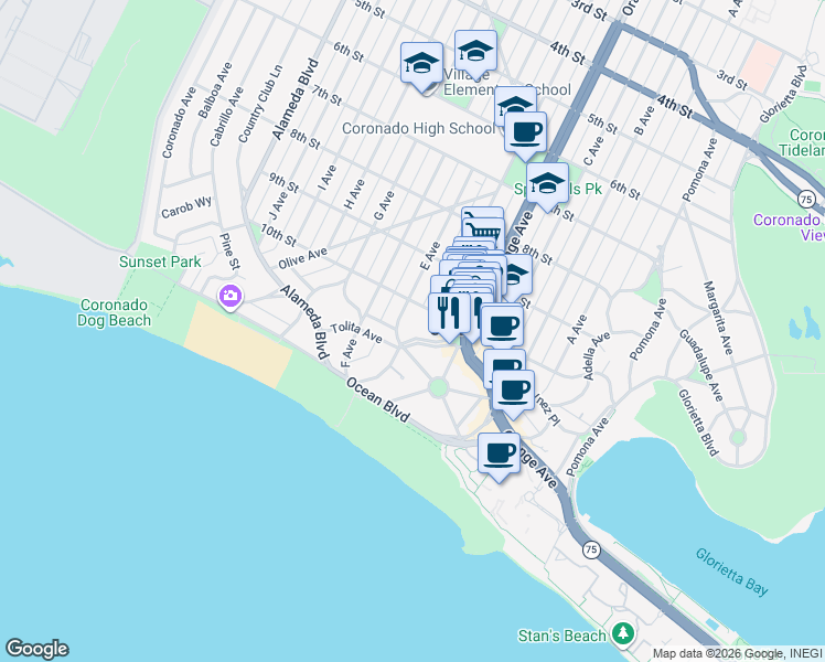 map of restaurants, bars, coffee shops, grocery stores, and more near 1058 Isabella Avenue in Coronado
