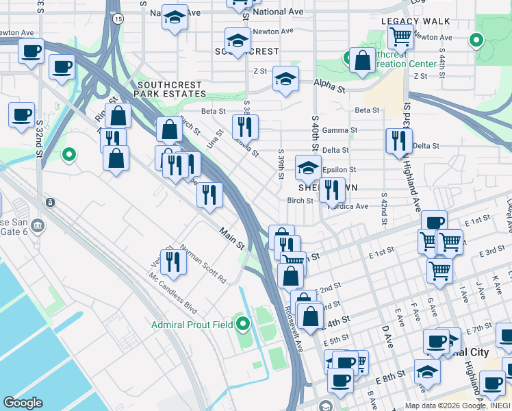 map of restaurants, bars, coffee shops, grocery stores, and more near 3770 Cottonwood Street in San Diego