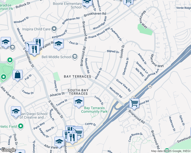 map of restaurants, bars, coffee shops, grocery stores, and more near 2295 Montcliff Road in San Diego
