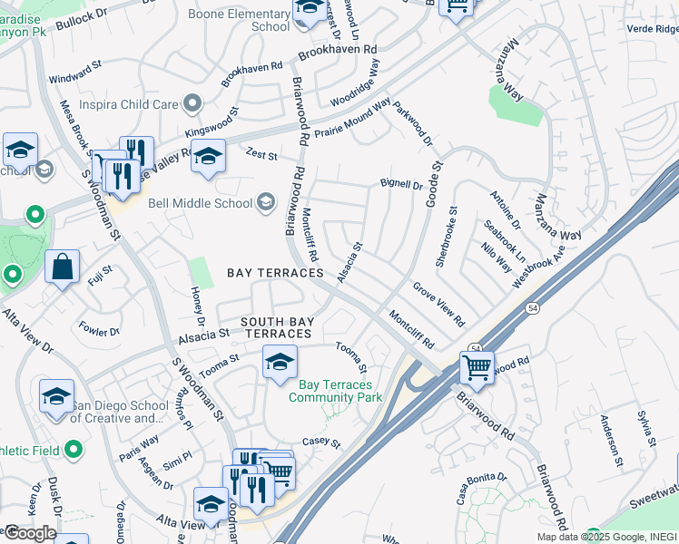 map of restaurants, bars, coffee shops, grocery stores, and more near 2295 Montcliff Road in San Diego