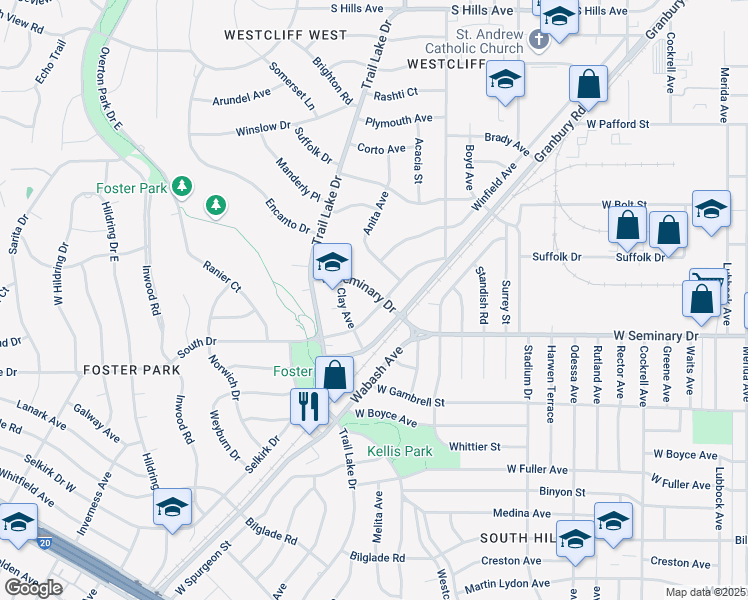 map of restaurants, bars, coffee shops, grocery stores, and more near 3601 West Seminary Drive in Fort Worth