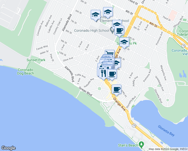map of restaurants, bars, coffee shops, grocery stores, and more near 1052 Isabella Avenue in Coronado