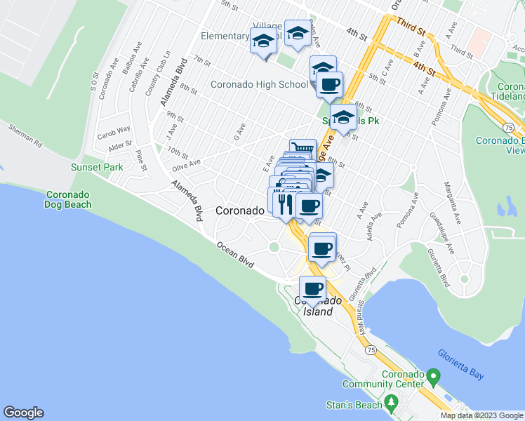 map of restaurants, bars, coffee shops, grocery stores, and more near 1050 Isabella Avenue in Coronado