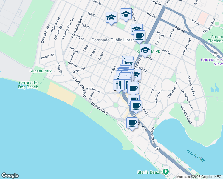 map of restaurants, bars, coffee shops, grocery stores, and more near 1050 Isabella Avenue in Coronado
