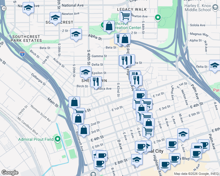 map of restaurants, bars, coffee shops, grocery stores, and more near 4142 Nordica Avenue in San Diego