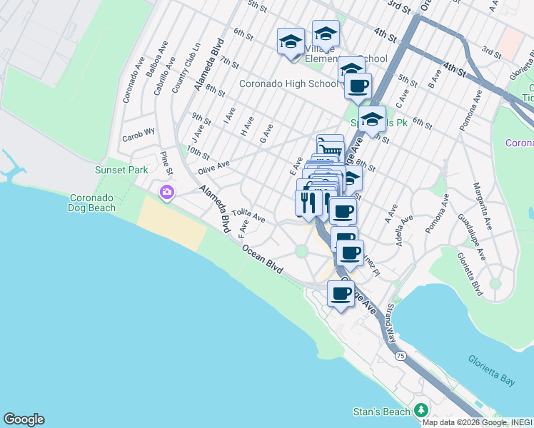 map of restaurants, bars, coffee shops, grocery stores, and more near in Coronado